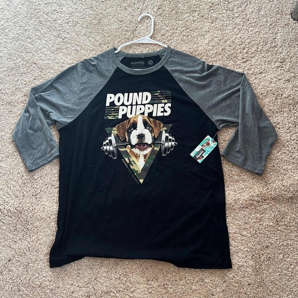 Puppies Make Me Happy Baseball sleeve tee size XL Black/Gray